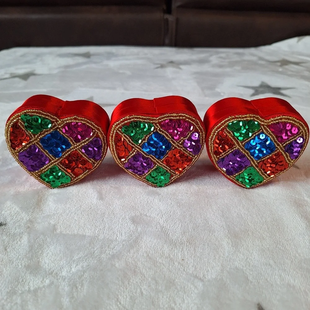 Vintage‎ Set of 3 Small Sequined Satin Multicolor Heart Box Jewelry Trinket